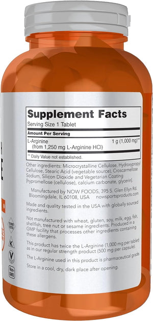 NOW Foods Sports Nutrition, L-Arginine Double Strength 1000mg, Nitric Oxide Precursor, Amino Acids, 180 Tablets