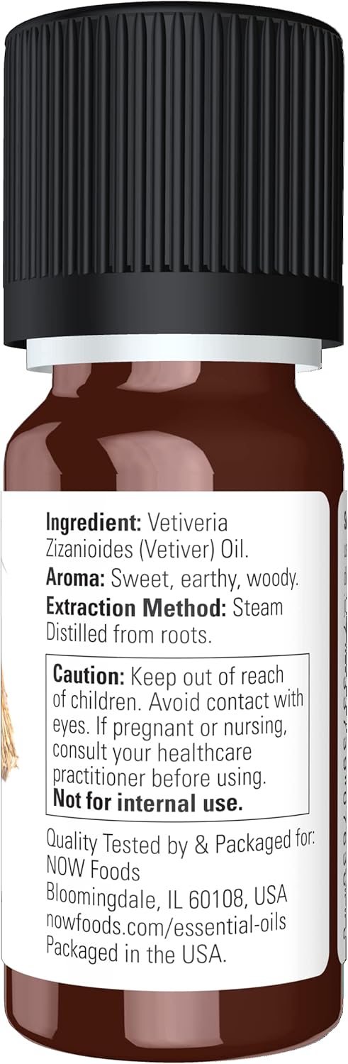 NOW Essential Oils, Vetiver Oil, Woodsy Aromatherapy Scent, Steam Distilled, 100% Pure, Child Resistant Cap, 10-mL