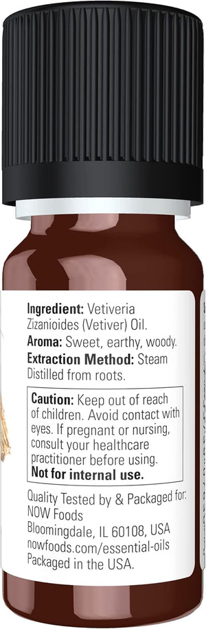 NOW Essential Oils, Vetiver Oil, Woodsy Aromatherapy Scent, Steam Distilled, 100% Pure, Child Resistant Cap, 10-mL