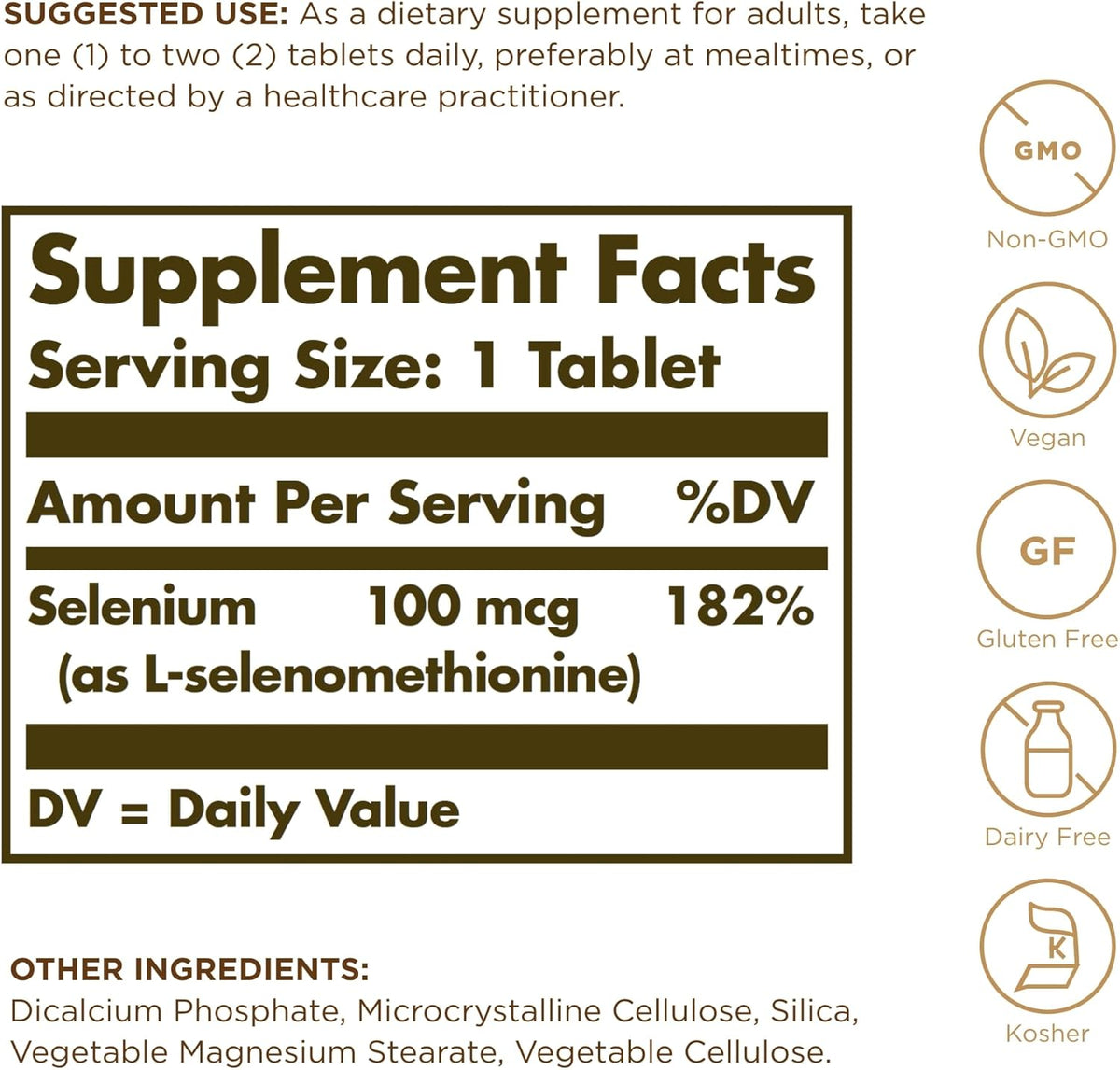 Solgar Yeast-Free Selenium 100 mcg - 100 Tablets - Supports Antioxidant &amp; Immune System Health - Non-GMO, Gluten Free, Dairy Free, Kosher - 100 Servings