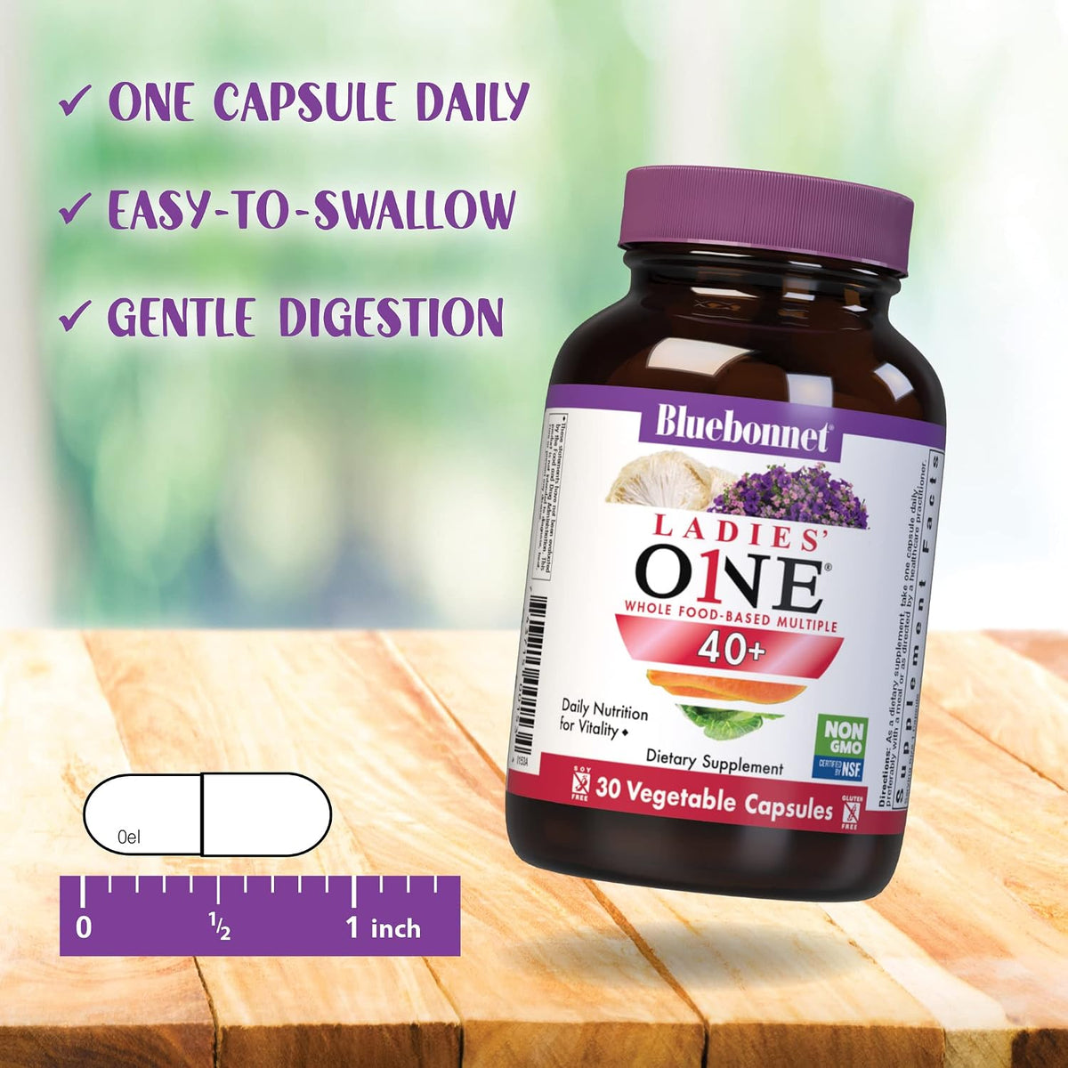 Bluebonnet Nutrition Ladies’ ONE 40+ Whole Food-Bed Multiple, Women Multivitamin for Women 40+, Soy-Free, Non-GMO, Gluten Free, 60 Vegetable Capsules, 60 Servings | Non-GMO, Kosher, Gluten-Free, Soy-Free