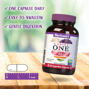 Bluebonnet Nutrition Ladies’ ONE 40+ Whole Food-Bed Multiple, Women Multivitamin for Women 40+, Soy-Free, Non-GMO, Gluten Free, 60 Vegetable Capsules, 60 Servings | Non-GMO, Kosher, Gluten-Free, Soy-Free
