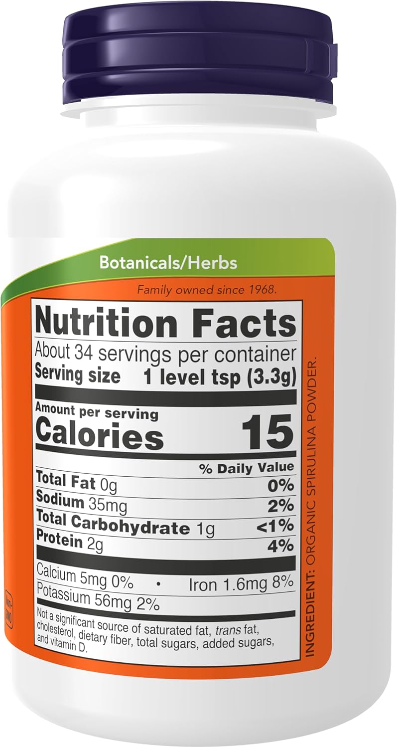NOW Supplements, Certified Organic, Spirulina Powder, Rich in Beta-Carotene (Vitamin A) and B-12 with Naturally Occurring GLA &amp; Chlorophyll, 4-Ounce