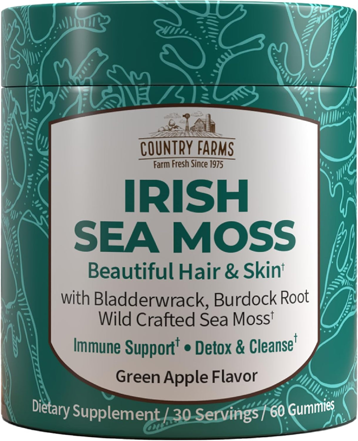 COUNTRY FARMS Irish Sea Moss Gummies, 2000mg Irish Moss, Burdock Root, Bladderwrack for Immune Support, Promotes Digestive Health, Skin and Hair Support, Pectin Based, Vegan, Gluten Free, Green Apple