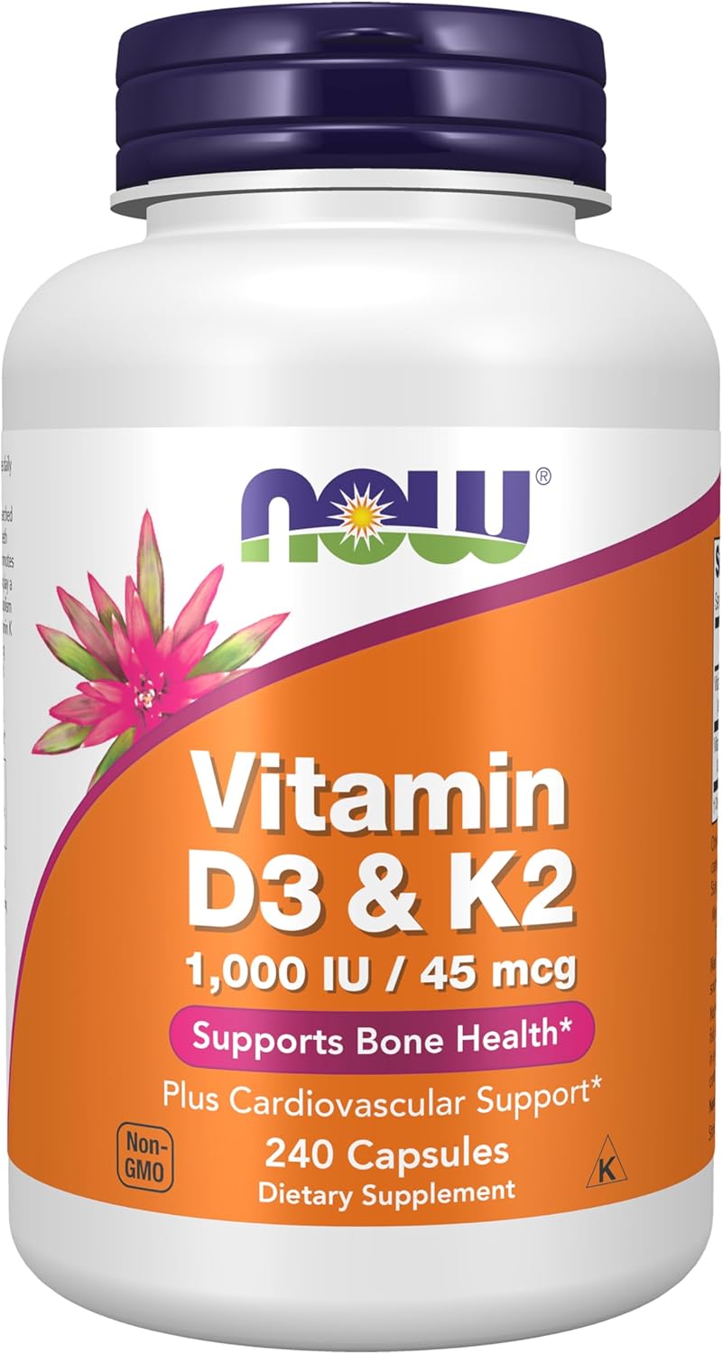 Now Supplements, Vitamin D3 & K2, 1,000 IU/45 mcg, Plus Cardiovascular Support*, Supports Bone Health*, 240 Veg Capsules