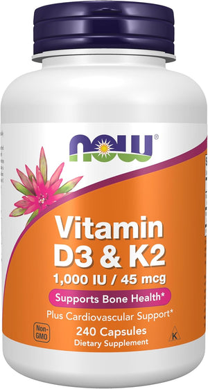 Now Supplements, Vitamin D3 & K2, 1,000 IU/45 mcg, Plus Cardiovascular Support*, Supports Bone Health*, 240 Veg Capsules