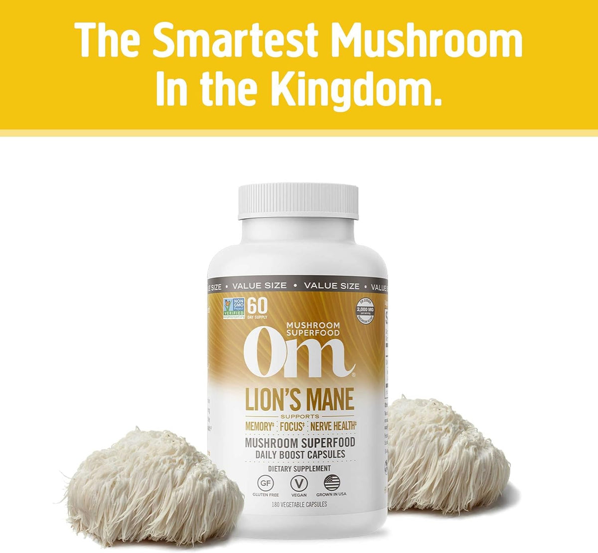 OM MUSHROOM SUPERFOOD Lion&#39;s Mane Mushroom Capsules Superfood Supplement, 180 Count, 60 Days, Fruit Body and Mycelium Nootropic for Memory Support, Focus, Clarity, Nerve Health, Creativity and Mood