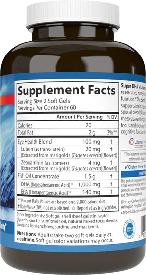Carlson - Super DHA Plus Lutein, 1000 mg DHA + 20 mg Lutein, 120 Softgels