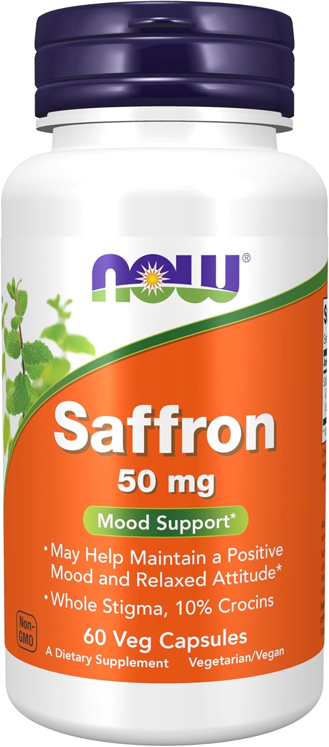 NOW Foods Supplements, Saffron Whole Herb 50 mg with 10% Crocins, 60 Veg Capsules with Microcrystalline cellulose, hypromellose (cellulose capsule), stearic acid (vegetable source) and silicon dioxide