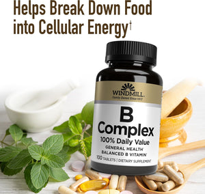 Windmill Natural Vitamins B Complex (100% Daily Value), Boost Energy Production and Promote Metabolism, 100 Tablets, 100 Servings