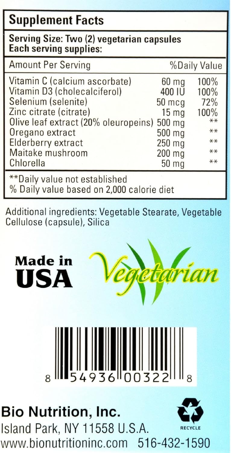 Bio Nutrition Immune Wellness Supplement 60 Vegetarian Capsules | Olive Leaf and Oregano | Minerals and Antioxidants for General Health Support | Immune Support