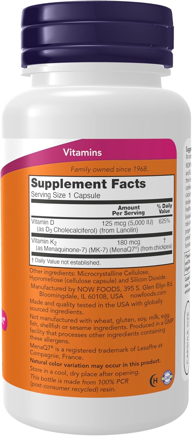 NOW Supplements, Mega D-3 &amp; MK-7, 5000 IU / 180 mcg, Bone &amp; Cardiovascular Support*, Vitamins K-3 &amp; K-2, 120 Capsules