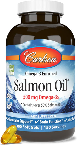 Carlson - Salmon Oil, 500 mg Omega-3s, Norwegian, Heart, Brain & Joint Health, 300 Softgels