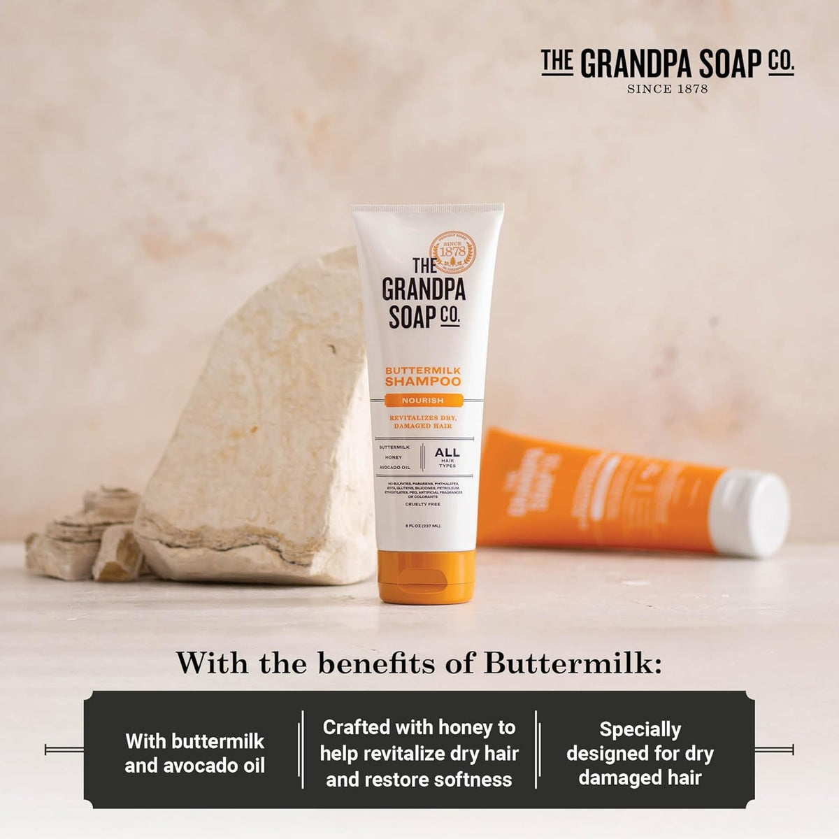 The Grandpa Soap Company Buttermilk Shampoo - Nourishing Formula to Help Revitalize Dry and Damaged Hair, With Honey &amp; Avocado Oil, Vegan, Sulfates and Parabens Free, 8 Fl Oz