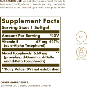 Solgar Vitamin E, 67 mg (100 IU), 100 Softgels