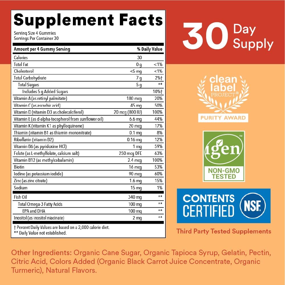 SmartyPants Kids Multivitamin Gummies: Omega 3 Fish Oil (EPA/DHA), Vitamin D3, C, Vitamin B12, B6, A, K &amp; Zinc for Immune Support, Biotin, Gluten Free, Three Fruit Flavors, 120 Count (30 Day Supply