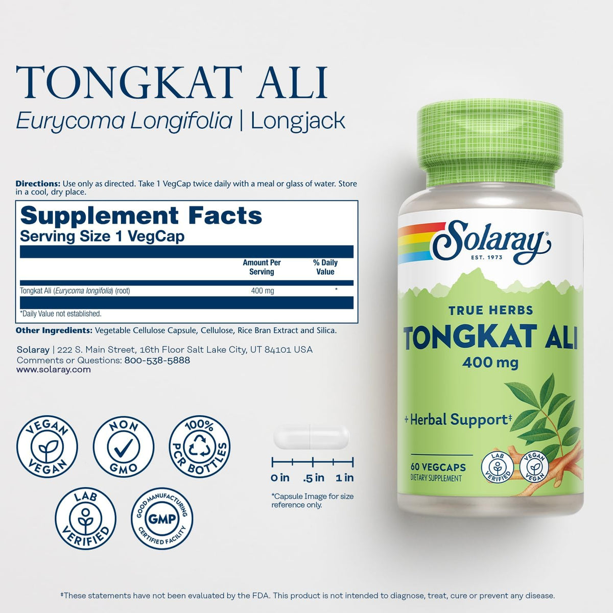 SOLARAY Tongkat Ali 400 mg - Longjack Tongkat Ali for Men - Herbal Support for Men&#39;s Health and Vitality - Vegan, Non-GMO, Lab Verified - 60 Servings, 60 VegCaps