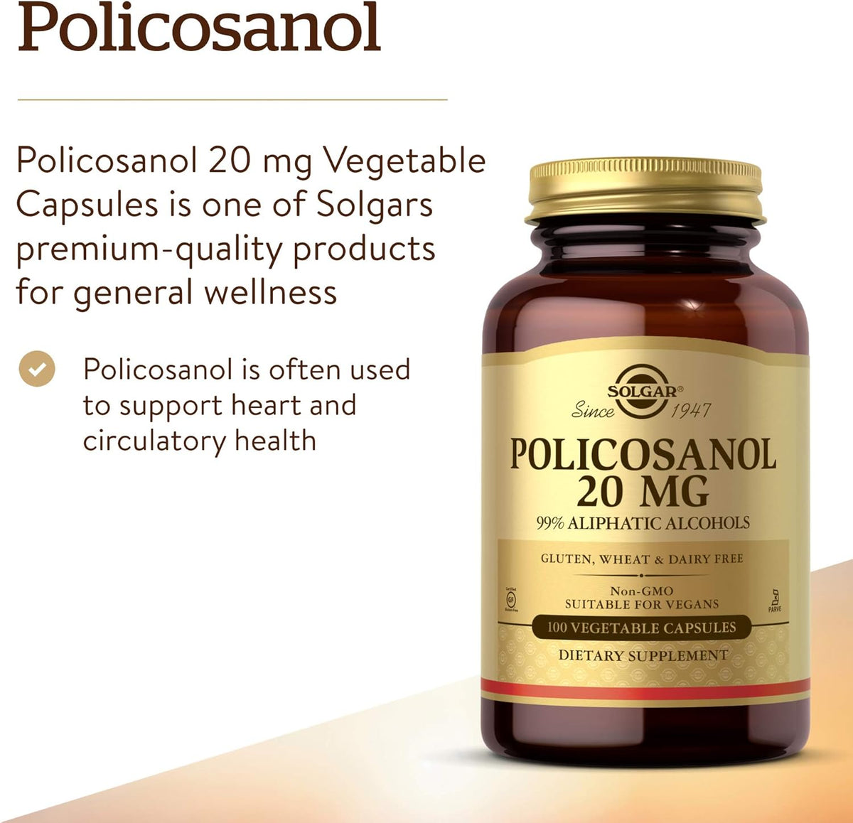 Solgar Policosanol 20 mg, 100 Vegetable Capsules - Supports Heart Health - General Wellness - Vegan, Gluten Free, Dairy Free, Kosher - 100 Servings