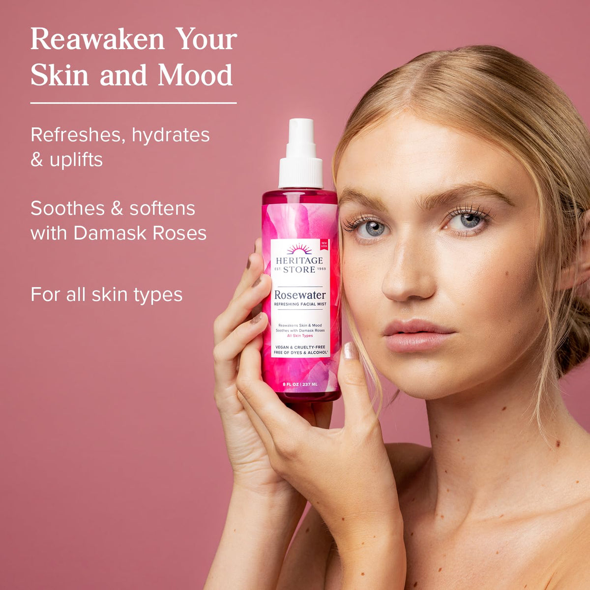 HERITAGE STORE Rosewater - Refreshing Face Mist with Damask Rose, All Skin Types - Hydrating Rose Water Spray for Glowing Skin Care - No Dyes or Alcohol, Hypoallergenic, Vegan, 60-Day Guarantee, 4oz