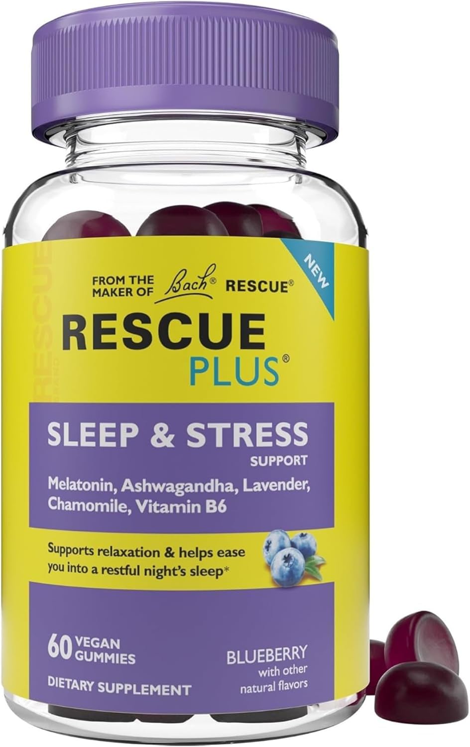 Bach RESCUE PLUS Sleep &amp; Stress Support Gummies, Nighttime Dietary Supplement with 1mg Melatonin, Ashwagandha, Chamomile, Lavender &amp; Vitamin B6, Natural Blueberry Flavor, Vegan &amp; Gluten-Free, 60 Count
