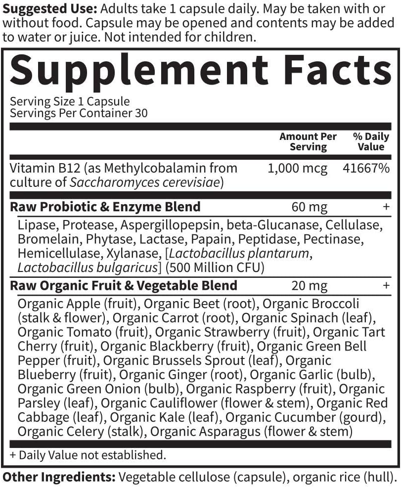 Garden of Life B12 - Vitamin Code Raw B-12 - 30 Capsules, 1,000mcg Whole Food B12 Methylcobalamin for Energy, Vegan Methylcobalamin B12 Vitamin plus Probiotics &amp; Enzymes, Gluten Free Supplements