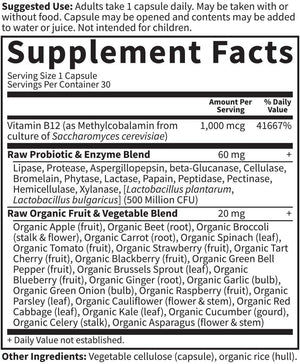 Garden of Life B12 - Vitamin Code Raw B-12 - 30 Capsules, 1,000mcg Whole Food B12 Methylcobalamin for Energy, Vegan Methylcobalamin B12 Vitamin plus Probiotics & Enzymes, Gluten Free Supplements