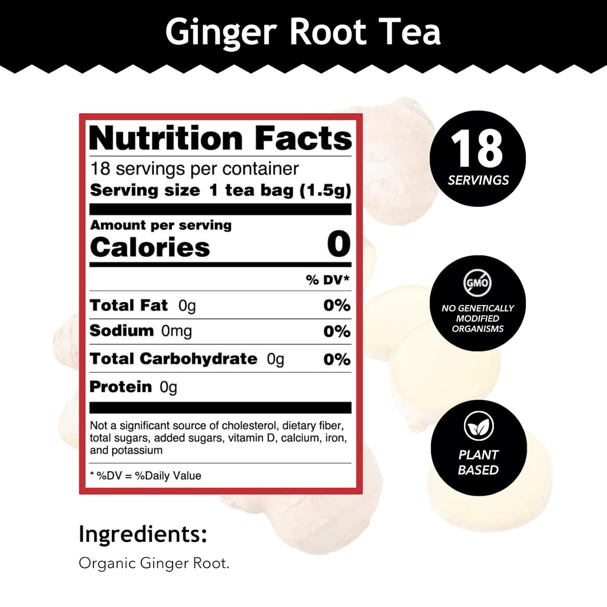 Buddha Teas - Organic Ginger Root Tea - Herbal Tea - For Health & Wellbeing - With Antioxidants & Minerals - Clean Ingredients - Caffeine Free - OU Kosher & Non-GMO - 18 Tea Bags