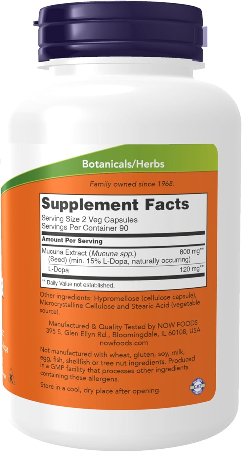NOW Foods Supplements, DOPA Mucuna, Standardized Mucuna Extract with Naturally Occurring 15% L-Dopa, 180 Veg Capsules