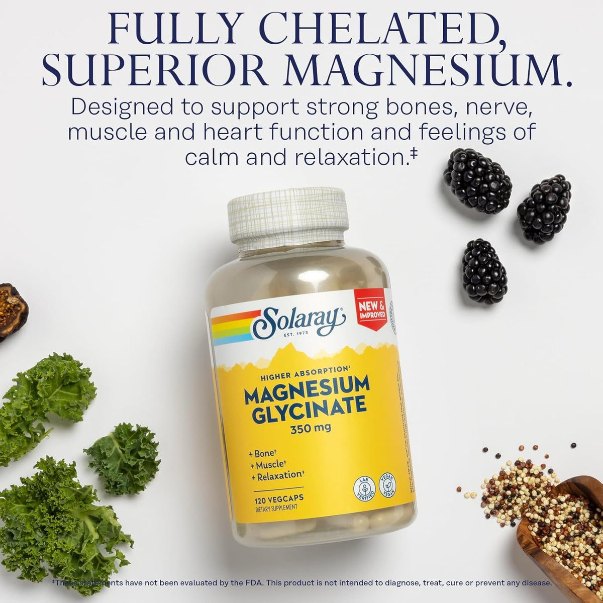 SOLARAY Magnesium Glycinate Capsules, Chelated Magnesium Bisglycinate w/BioPerine, Higher Absorption Magnesium Supplement - Bones, Muscles, Heart Support, Vegan (30 Servings, 120 VegCaps)