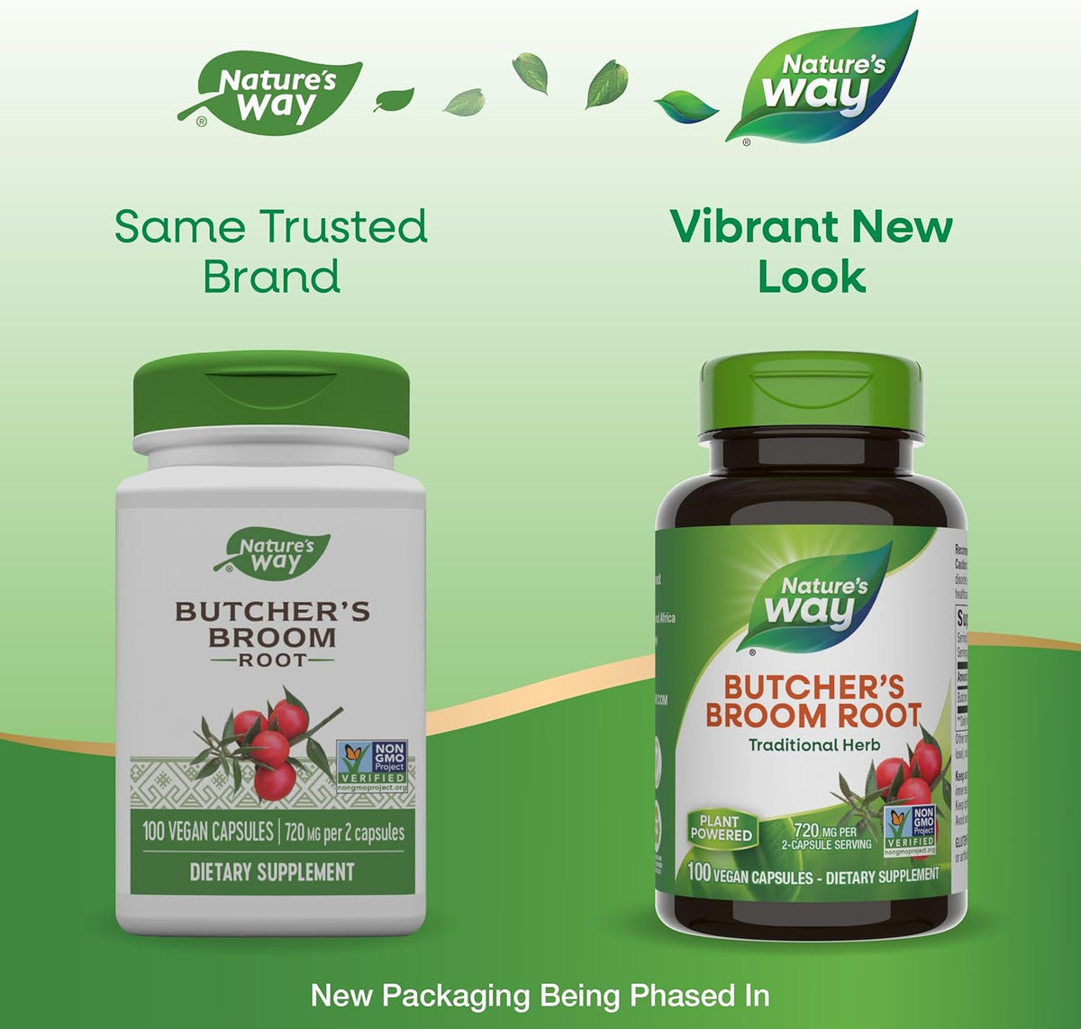 Nature&#39;s Way Butcher’s Broom, Traditional Herb, 720 mg per 2-Capsule Serving, Non-GMO Project Verified, 100 Vegan Capsules