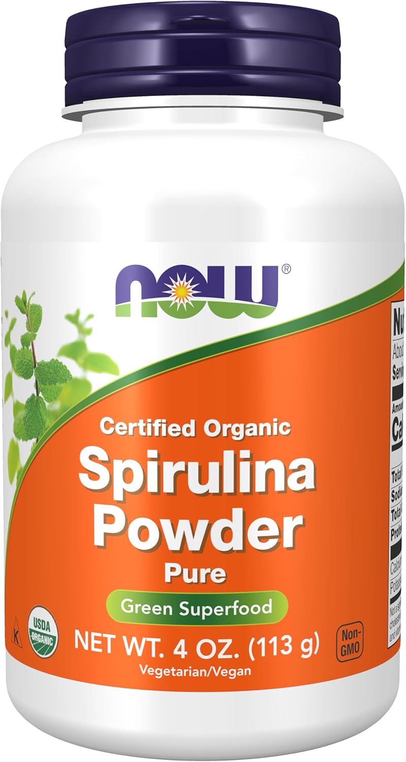 NOW Supplements, Certified Organic, Spirulina Powder, Rich in Beta-Carotene (Vitamin A) and B-12 with Naturally Occurring GLA &amp; Chlorophyll, 4-Ounce