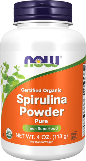 NOW Supplements, Certified Organic, Spirulina Powder, Rich in Beta-Carotene (Vitamin A) and B-12 with Naturally Occurring GLA & Chlorophyll, 4-Ounce