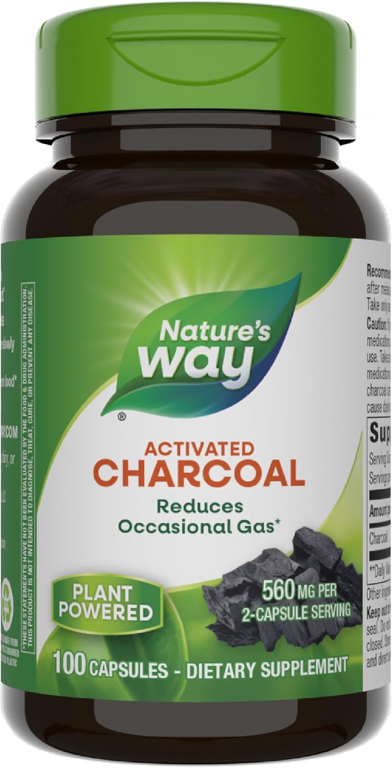 Nature&#39;s Way Activated Charcoal, Binds Unwanted Materials and Gas in the Digestive Tract*, 560 mg per 2-Capsule Serving, 100 Capsules