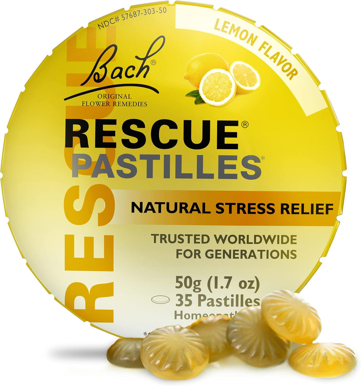 Bach RESCUE PASTILLES, Lemon Flavor, Natural Stress Relief Lozenges, Homeopathic Flower Essence, Vegetarian, Gluten &amp; Sugar-Free, 35 Count