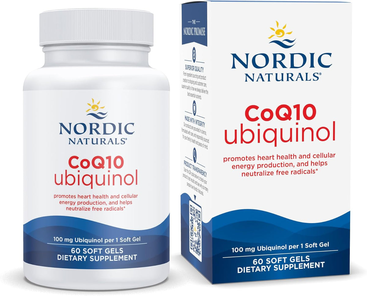 Nordic Naturals Nordic CoQ10 Ubiquinol - 60 Mini Soft Gels - 100 mg Coenzyme Q10 (CoQ10) Ubiquinol - Heart &amp; Brain Health, Cellular Energy Production, Antioxidant Support - Non-GMO - 60 Servings