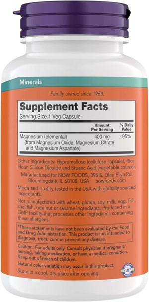 Now Supplements Magnesium 400mg - Enzyme Function*, Nervous System Support* - Magnesium Supplement for Men and Women, Kosher, Vegan, 360 Veg Capsules
