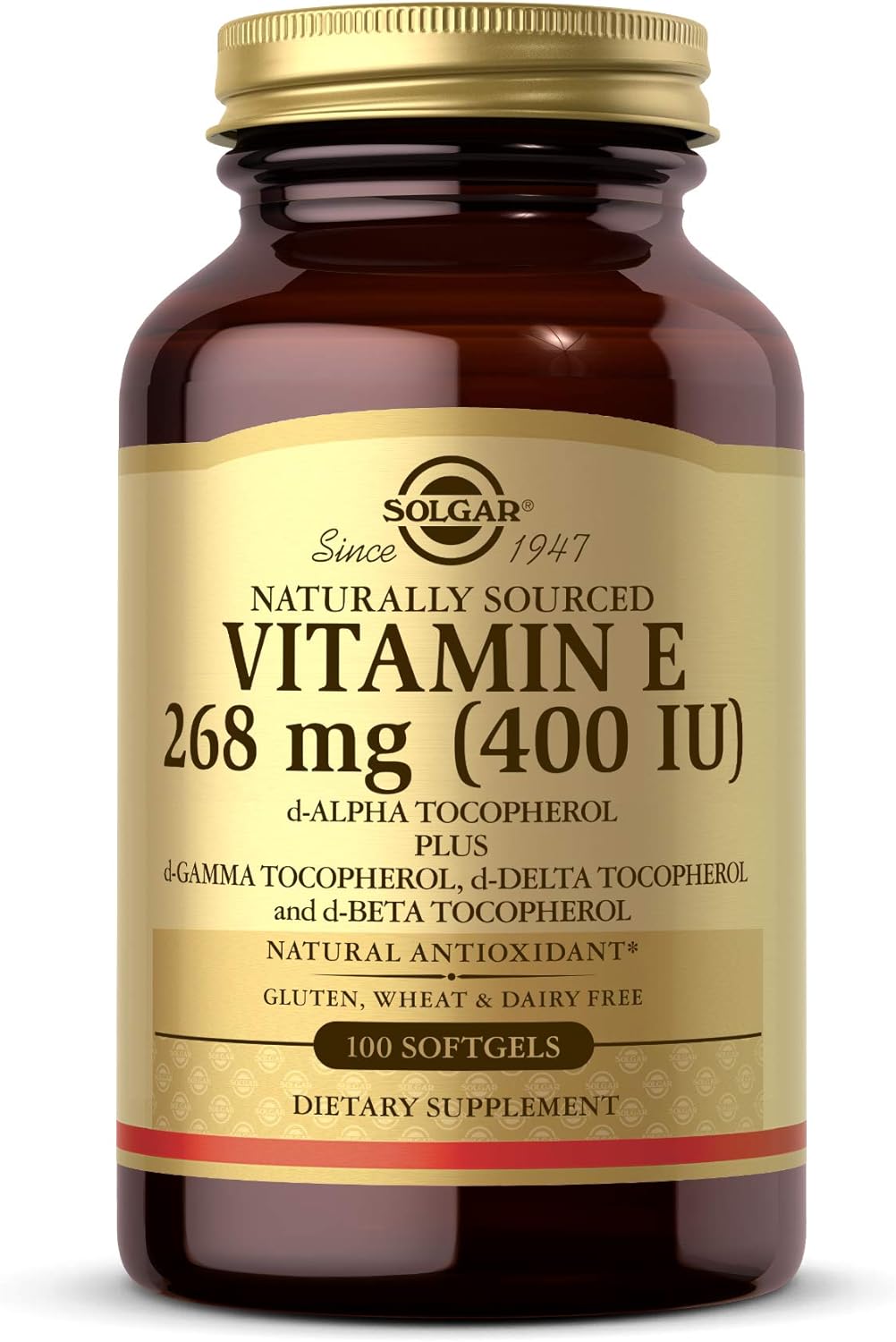 Solgar Vitamin E 268 MG (400 IU) (d-Alpha Tocopherol &amp; Mixed Tocopherols), 100 Softgels - Supports Immune System &amp; Skin Nutrition - Natural Antioxidant - Gluten Free, Dairy Free - 100 Servings