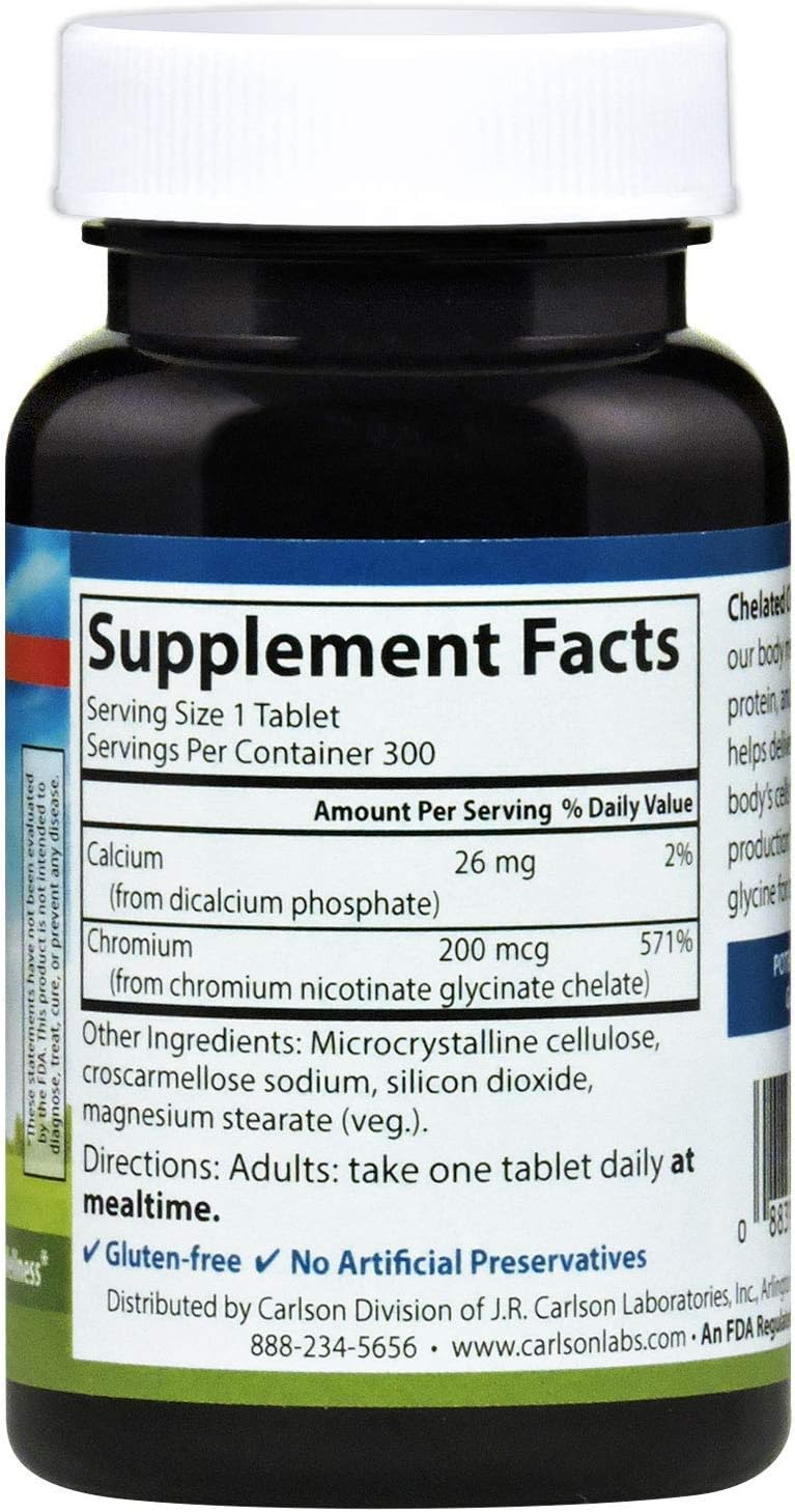 Carlson Chelated Chromium 200 mcg Superior Absorption - Healthy Metabolism Energy Production &amp; Optimal Wellness - 300 Tablets