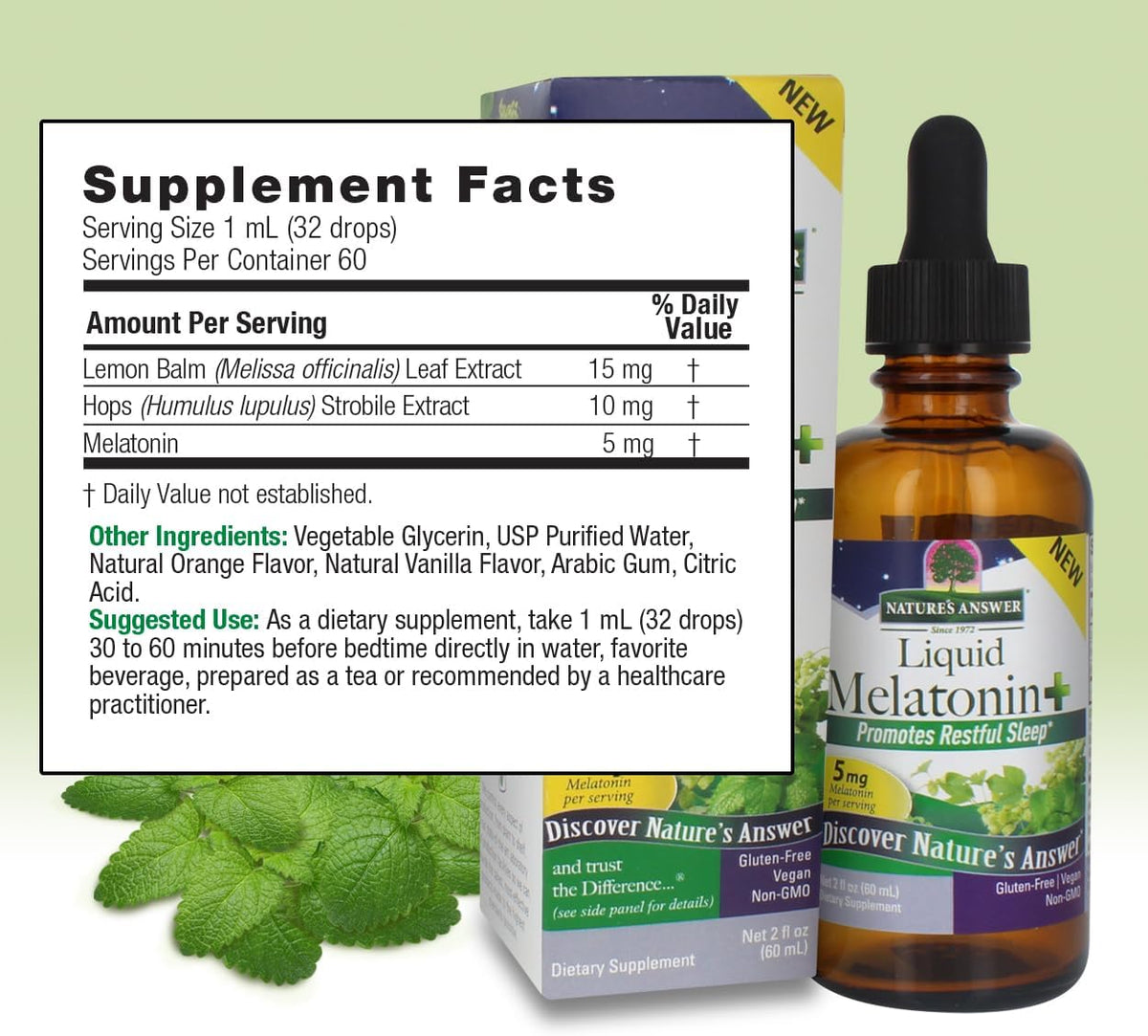 Nature&#39;s Answer Melatonin Plus Lemon Balm &amp; Hops 2 Ounce Liquid | Promotes Relaxation | Supports Sleep | Non GMO | Gluten Free | Vegan |