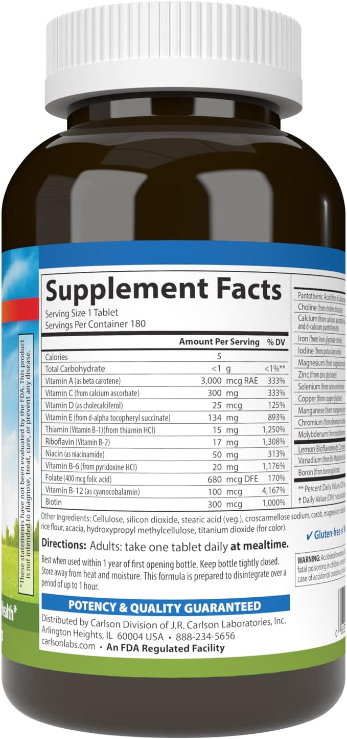 Carlson - Super 1 Daily, Vegetarian Multiple Formula, Multivitamin, Optimal Wellness, 180 Tablets