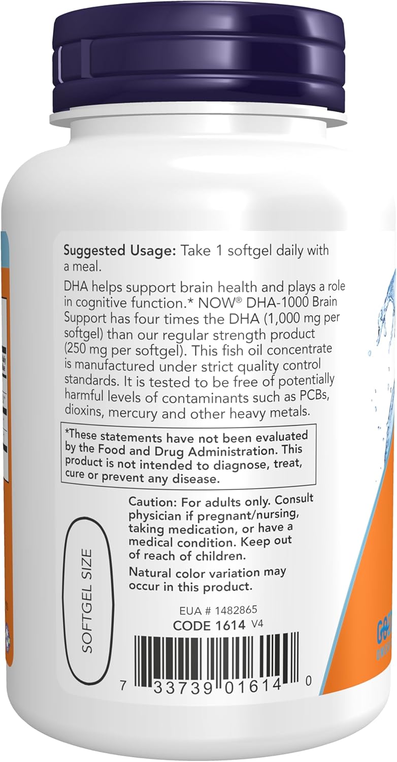 NOW Foods Supplements, DHA 1,000 Brain Support, Extra Strength, 1,000 mg DHA, 90 Softgels