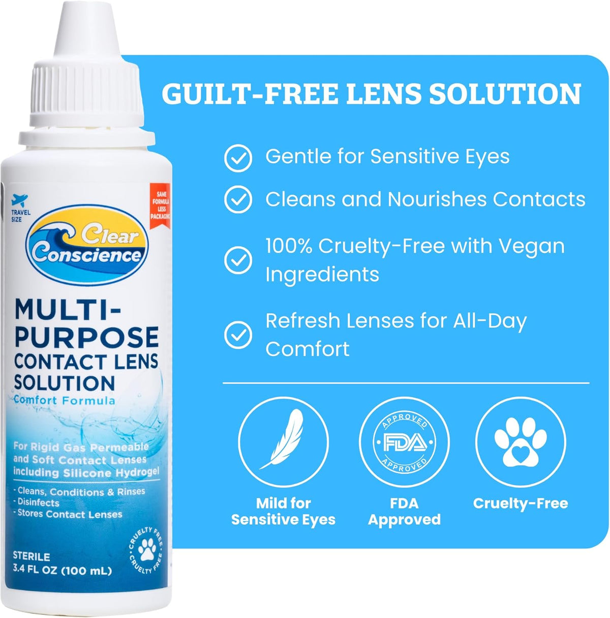 Cruelty-Free Travel Size Contact Lens Solution 3 Fl oz - Multipurpose Mild Cleaner &amp; Conditioner for Eye Contact Lens Care by Clear Conscience