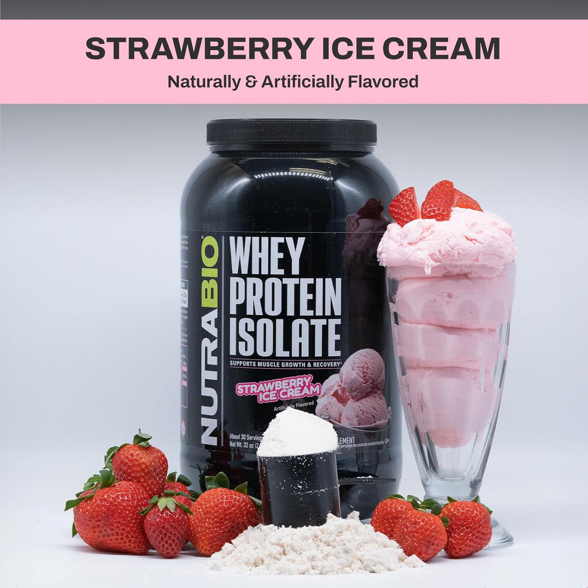 NutraBio 100% Whey Protein Isolate Protein Powder, 25g Protein with Complete Amino Acid Profile, Soy and Gluten Free, Low Carb and Low Calorie Whey Protein Powder, Strawberry Ice Cream, 2 Lbs.