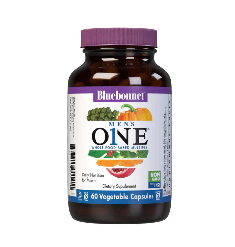 Bluebonnet Nutrition One for Men Whole Food-Based Multiple, Daily Nutrition*, Non-GMO, Vegetarian Friendly, Kosher, Gluten-Free, Soy-Free, Dairy-Free, Iron Free, 60 Vegetable Capsules, 60 Servings