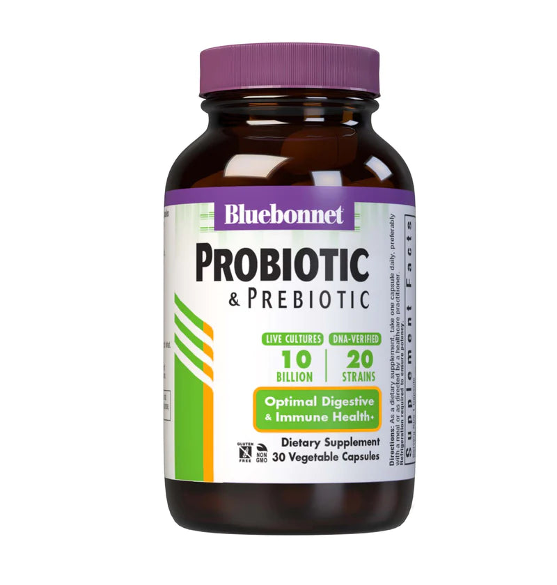Bluebonnet Nutrition Probiotic &amp; Prebiotic, 10 Billion CFU, Supports Immune Health*, Aids in Digestive Health*, Gluten-Free, Non-GMO, 30 Vegetable Capsules, 30 Servings