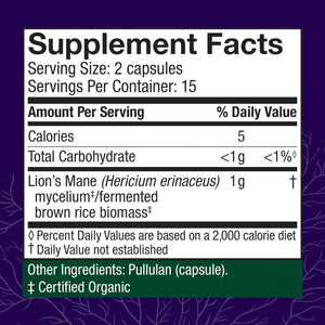 Host Defense, Lion's Mane Capsules, Promotes Mental Clarity, Focus and Memory, Daily Mushroom Supplement, Vegan, Organic, 30 Capsules (15 Servings)