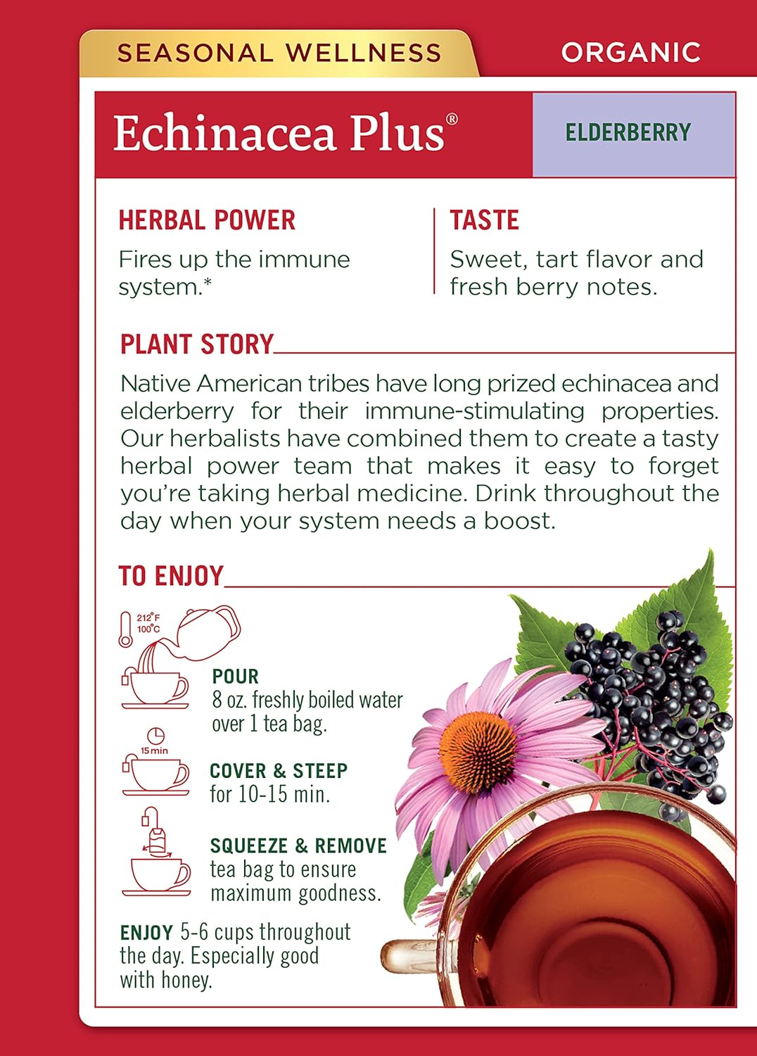 Traditional Medicinals Organic Echinacea Plus Elderberry Herbal Tea, Promotes Immune Function, (Pack of 1) - 16 Tea Bags