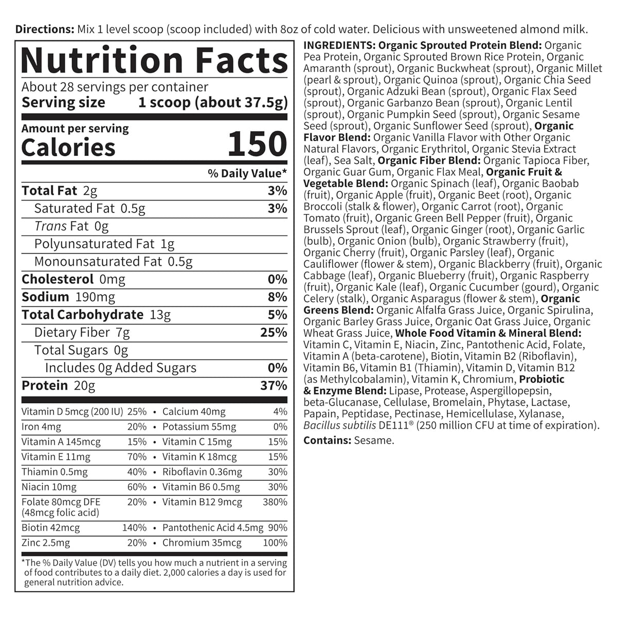 Garden of Life Meal Replacement Shakes, Vegan Raw Organic Protein Powder, Vanilla Protein Powder with Plant Based Pea Protein, Sprouts, Greens, Probiotics, Dairy Free 28 Servings