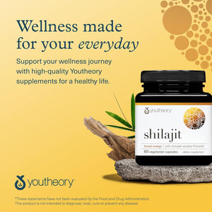 Youtheory Shilajit - 500 mg Shilajit Capsules - Energy Supplement - Shilajit Supports Stamina & Endurance - Pure Himalayan Shilajit - Gluten, Dairy & Soy Free - 60 Vegetarian Capsules