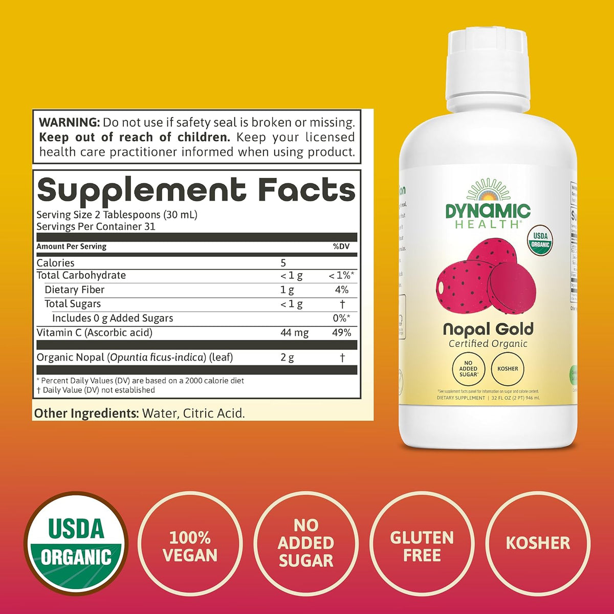 Dynamic Health Nopal Gold, Organic, No Additives, Antioxidant Support, Vegan, Gluten Free, Non-GMO, 32 Fl oz